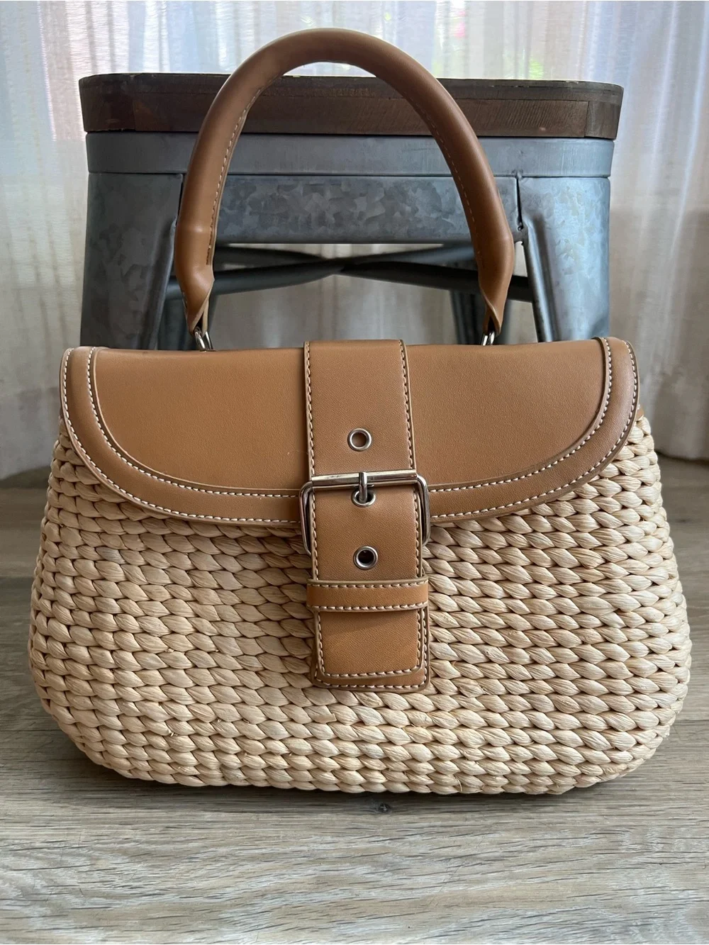 Liz Claiborne Woven Straw Buckle Top Handle Bag